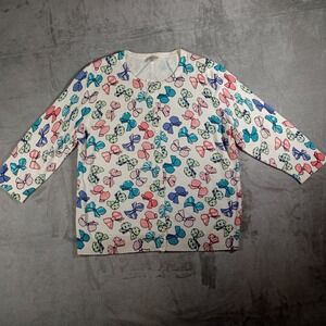 Talbots Cardigan Womens XL White Bow Print Cotton Knit Preppy Coquette Sweater